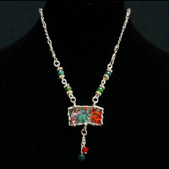 Lena Liu Hummingbird Broken China Pendant  Bezel Red & Green Quartz Necklace - Picture 5 of 15